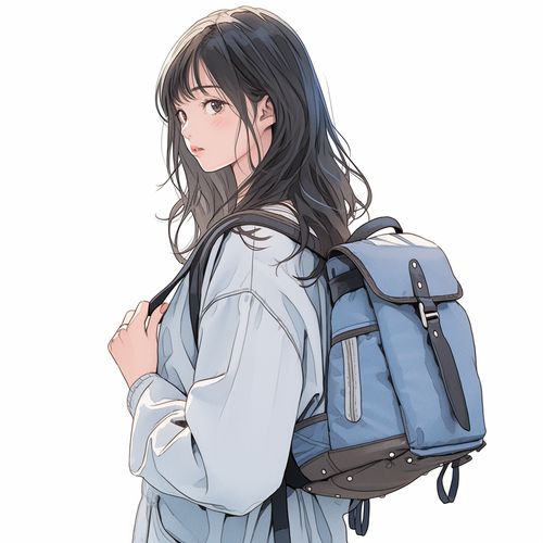 漂亮女高中生背书包的漫画风格