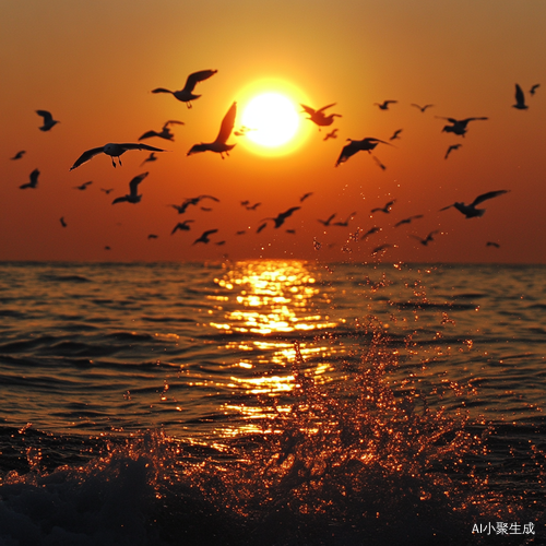 夕阳海面波光海鸥晚霞构成迷人画卷