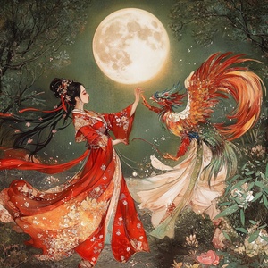 Elegant dancers in elegant Hanfu, the background is filled with light and shadow of green leaves. The bright moon hangs high, and a woman wearing gorgeous traditional Chinese costumes dances with a colorful phoenix, exaggeratedly dynamic, flowing and elegant. Women's clothing is mostly in bright red, with exquisite floral and dragon and phoenix patterns, and is embellished with exquisite flowers.They wear gorgeous phoenix crowns. The phoenix's feathers are brightly colored and rich in details, espec