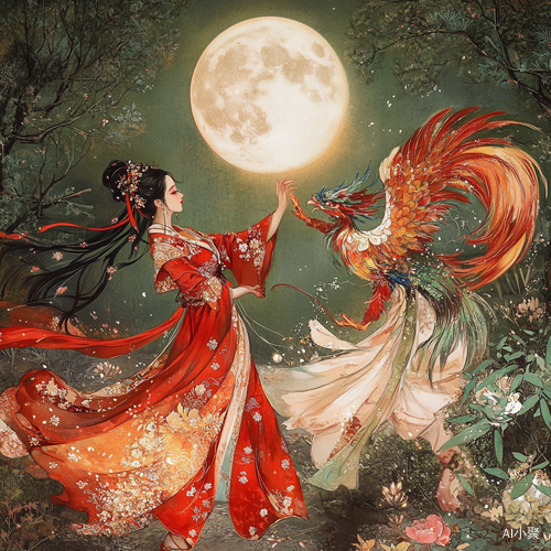 Elegant Hanfu Dancers Under the Bright Moon with Colorful Phoenix