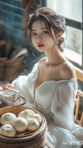 昏暗房间中明代女子侧身坐于八仙桌旁的真实摄影