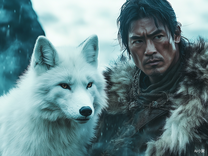 Middle-Aged Asian Hunter and Beautiful White Fox in Fantastical Storm