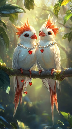 Two elegant birds perched elegantly on a branch. The round feathers on their heads were intricately decorated with delicate silver diamonds that sparkled in the sunlight. Their slender red beaks and round black eyes added to their charm. The Miao necklaces on their necks added a touch of ethnic flavor. The red diamonds on their wings and the heart-shaped diamonds on their long tails made them look incredibly dazzling.The painting is set in a tropical rainforest, with sunlight filtering through the leaves.