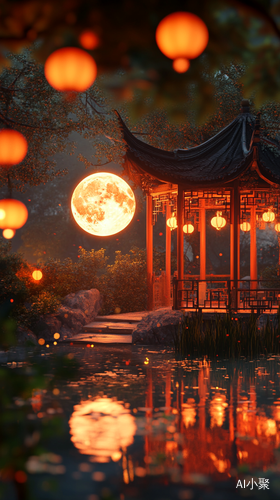 Mid-Autumn Festival Serene Scene with Moonlight and Pavilion