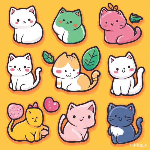 可爱彩色小猫贴纸的卡通风格设计
