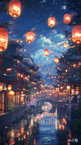 中国风夜景灯笼与建筑的璀璨倒影