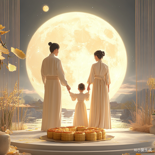月饼与家庭牵手的多巴胺色彩梦幻场景