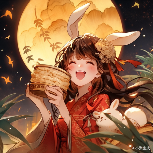 中秋夜兔耳少女与圆月共庆佳节