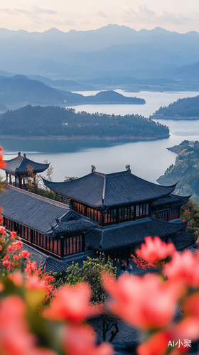 高空视角下的山丘湖水凉亭与鲜花景观