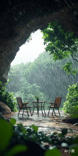 毛毛雨中的山洞房间与绿树相伴的治愈自然风景