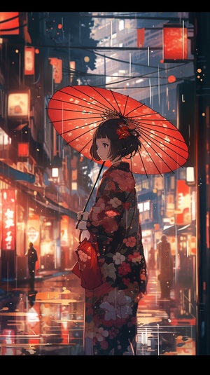 穿着和服的少女，打着伞看不清脸，日本热闹的大街上，中景