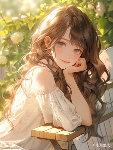女孩坐在院子里长发卷发轻笑托腮看向屏幕