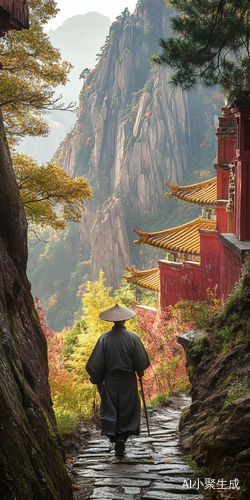 夕阳下的古寺与远行僧人