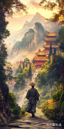 夕阳下的古寺与远行僧人