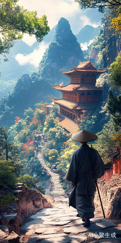 夕阳下的古寺与远行僧人