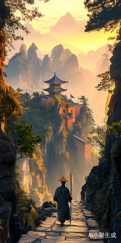 夕阳下的古寺与远行僧人