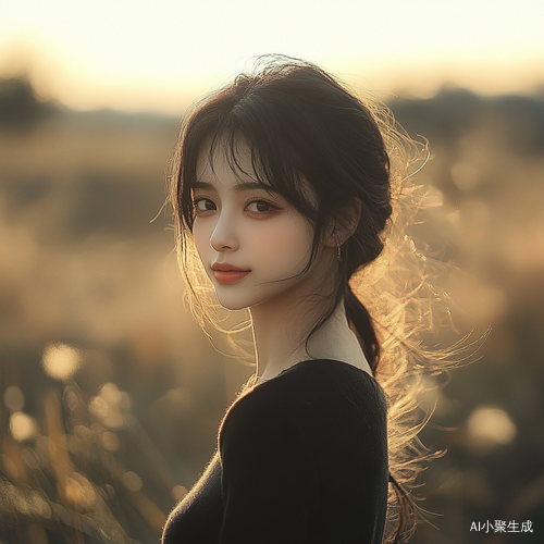 黑发少年在秋天的黄昏草地上浅笑远眺