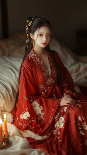 A beautiful woman wearing traditional Hanfu , with delicate facial features and long hair draped over her shoulders. She is dressed in an exquisite red dress embroidered with flowers on the sleeves and skirt, sitting gracefully by candlelight on the bed. Full-body photo, in the style of traditional Chinese . ar 37:60