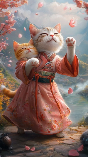 狸花猫和小黄猫，穿着韩服，在河边跳舞