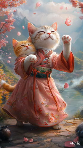 狸花猫与小黄猫穿韩服在河边跳舞