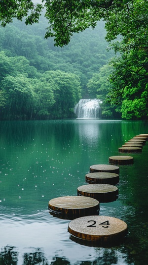 一个宁静的绿湖,周围环绕着繁茂的树木和朦胧的雨滴落在水面上。一排圆形的木质踏脚石从左到右沿着水面直线排列,营造出一种令人想起中国古老江南地区的氛围。背景中有一个瀑布倾泻而下,落入下面平静的水域。前景中的“24”文字给场景增添了深度。这幅如画的风景捕捉到了大自然最迷人的瞬间。