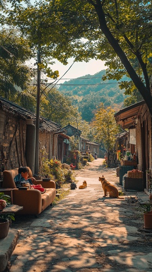 真实摄影，高清照片，山村夏日午后，林荫小道，有可爱的黄狗在树荫下休息，有个男孩在荫凉处躺椅上吃着西瓜