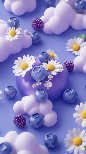 Logo design, blueberries, cloud and flowers, cute style, Violet blue background, colorful elements, bright colors, cartoon illustration style, 3D rendering effect. The logo is composed of clouds, blueberries and small daisies, with a simple composition. It has exquisite details on the surface of the fruits,highlighting its vitality.， in ar 9:16v 6.1