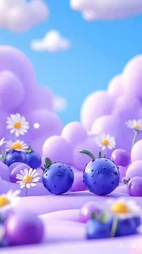 Cute Cartoon Logo Design with Blueberries Clouds and Flowers