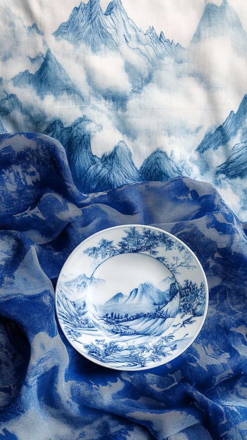 Blue and white porcelain, landscape, ice cream, fresh, blue, white, elegant, undulating mountains, tranquil, distant, patterns, landscape painting, poetic, accessories, elegant, fresh, wonderful, tranquil. Documentary photography, high definition