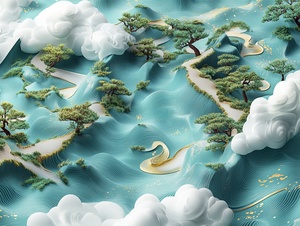 3D rendering of a Chinese landscape illustration design with a cyan blue background and green trees on the left side of an open scroll. The right edge is covered in white clouds and water ripples, creating an ethereal scene. There is also floating gold foil text along one half, adding to its traditional aesthetic. This artwork was created using C4d software, presenting high-definition images with 8K resolution in the style of traditional Chinese landscape paintings. s 250 niji 6