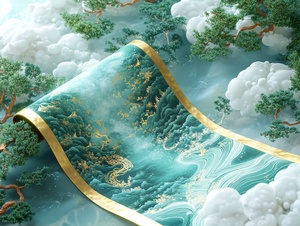 3D rendering of a Chinese landscape illustration design with a cyan blue background and green trees on the left side of an open scroll. The right edge is covered in white clouds and water ripples, creating an ethereal scene. There is also floating gold foil text along one half, adding to its traditional aesthetic. This artwork was created using C4d software, presenting high-definition images with 8K resolution in the style of traditional Chinese landscape paintings. s 250 niji 6