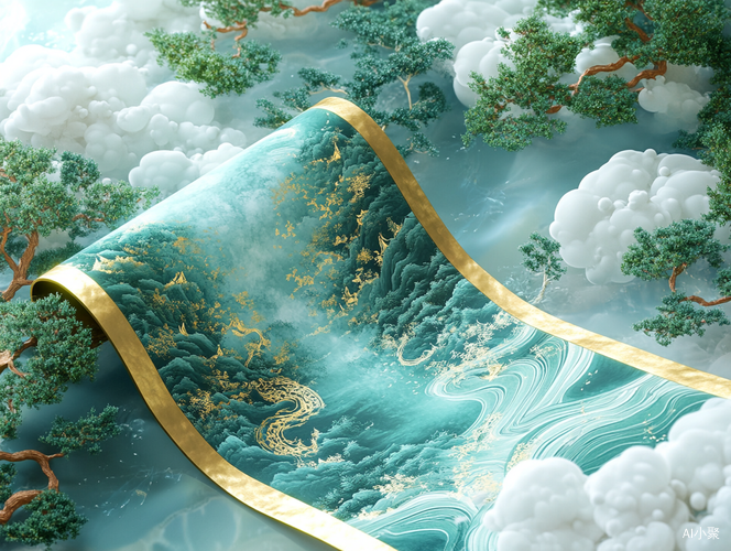 3D Chinese Landscape Illustration in Cyan Blue with Ethereal Elements