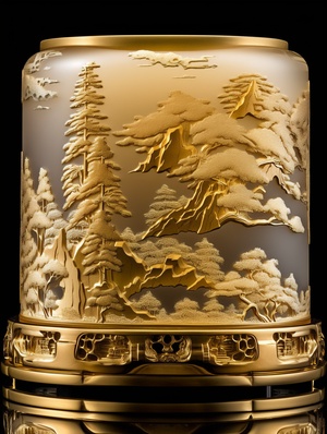 On the transparent glass plate, Chinese characters, pavilions, and towers are engraved. Pine trees and cypress leaves adorn the top of the mountains. The glass features a luminous effect with a gold inlaying texture and a three-dimensional sense, showcasing exquisite carving technology and high-definition details. The overall aesthetic is one of a light background and a traditional Chinese style, reflecting the rich cultural heritage. ar 3:4 v 6.0