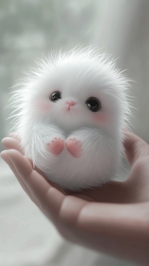 Wow, in a person's palm, there's a small puppy with big eyes, chubby. Laugh happily! The whole body is covered in snow-white fur, with a small pink mouth. The fur is snow-white and thick, without any other color. The nose and ears are also pink. high definition image quality. v 6.1