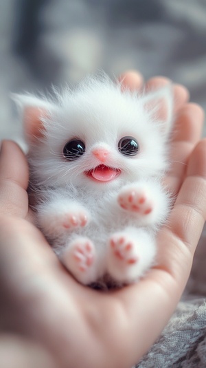 Wow, in a person's palm, there's a small puppy with big eyes, chubby. Laugh happily! The whole body is covered in snow-white fur, with a small pink mouth. The fur is snow-white and thick, without any other color. The nose and ears are also pink. high definition image quality. v 6.1