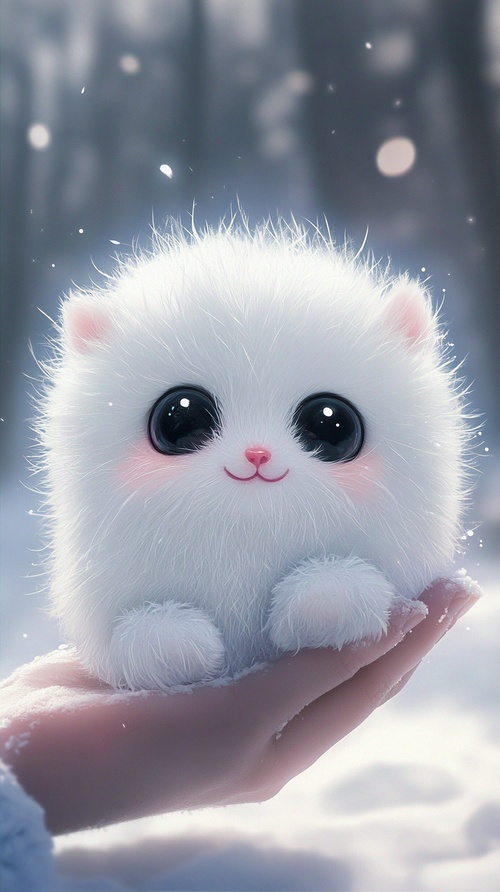 Wow, in a person's palm, there's a small puppy with big eyes, chubby. Laugh happily! The whole body is covered in snow-white fur, with a small pink mouth. The fur is snow-white and thick, without any other color. The nose and ears are also pink. high definition image quality. v 6.1