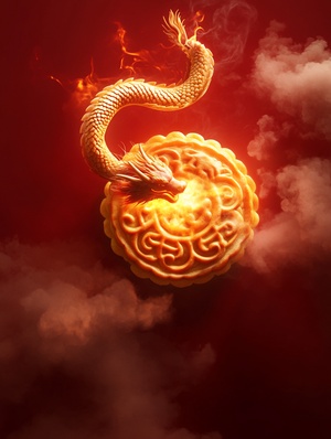 plmooncakeanything,Top-down view，Theme: Mooncake at the center，Golden light emanating from the mooncake，A dragon spiraling out from the mooncake，The dragon's head in the air, tail still coiled within the mooncake，Leica lens level of detail，Red silk backdrop，Misty clouds，Dreamy and ethereal，High-end advertising quality，Cinema 4D (C4D)，8K