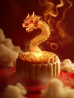 plmooncakeanything,Top-down view，Theme: Mooncake at the center，Golden light emanating from the mooncake，A dragon spiraling out from the mooncake，The dragon's head in the air, tail still coiled within the mooncake，Leica lens level of detail，Red silk backdrop，Misty clouds，Dreamy and ethereal，High-end advertising quality，Cinema 4D (C4D)，8K