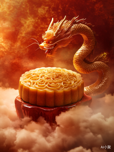 Dreamy Mooncake Surrounded by Golden Light and Spiraling Dragon