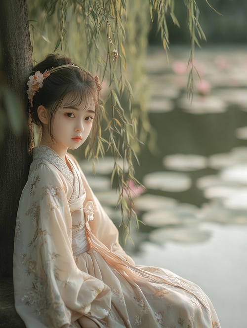 A young,cute girl in exquisite traditional Hanfu attire,with delicate embroidery and flowing sleeves,leans gracefully against the lush willow tree beside the tranquil lotus pond. Her demeanor exudes a hint of innocence and charm,reminiscent of a modern-day lolita style. The camera angle is slightly tilted,adding a dynamic touch to the composition. Soft,gentle lighting highlights her features as she gazes dreamily into the distance,lost in her own thoughts. The subtle rustling of the willow enhances the sere