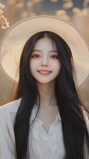 A beautiful Chinese girl with long black hair, wearing white and beige and hat is smiling at the camera in outdoor scenery, posing for photos on her face and hands. She has an oval-shaped head shape, very short hairline, round eyes, big smile, delicate facial features, professional photography style, high-definition details, and natural light ar 19:30