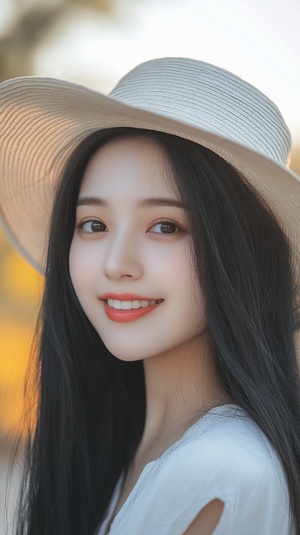 A beautiful Chinese girl with long black hair, wearing white and beige and hat is smiling at the camera in outdoor scenery, posing for photos on her face and hands. She has an oval-shaped head shape, very short hairline, round eyes, big smile, delicate facial features, professional photography style, high-definition details, and natural light ar 19:30