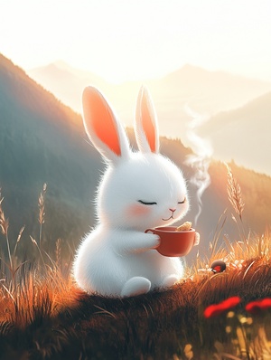 zhongqiu, rabbit, no humans, sitting, flower, steam, cup, food, closed eyes, blush, gradient, gradient background, mountain