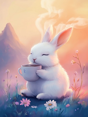 zhongqiu, rabbit, no humans, sitting, flower, steam, cup, food, closed eyes, blush, gradient, gradient background, mountain