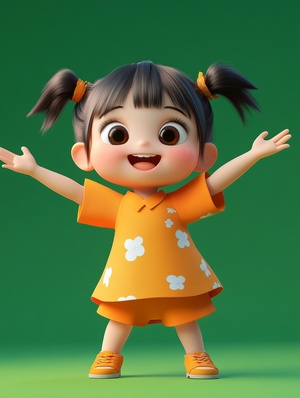 3D style, a chinese little girl, very happy, brown eyes, half body shot, pop mart design, chibi, green background, vivid color, studio lighting, atmospheric lighting, with exquisite texture, high detail, high resolution, IP character, Pixar style,c4d, Blender, 8k, best quality, ultra high definition ar3:4 stylize 300 niji 6