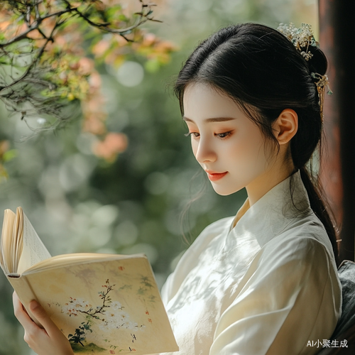 贾宝玉园林中读书翻页的悠闲时光