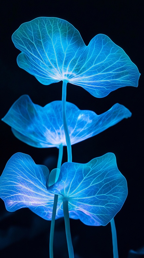 blue lotus leaves, bioluminescence, glow in the dark, black background, art installation, installation design, ethereal style, Chinese water lilies, translucent petals, fluorescent flowers, cyberpunk, biopunk, futuristic technology, holographic projection, light painting, glowing plants, high definition photography, minimalist stage design, x-ray film, luminous blue and green, surrealistic. ar 9:16 v 6.1