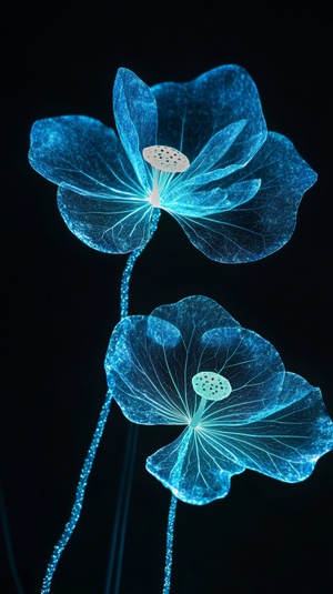 blue lotus leaves, bioluminescence, glow in the dark, black background, art installation, installation design, ethereal style, Chinese water lilies, translucent petals, fluorescent flowers, cyberpunk, biopunk, futuristic technology, holographic projection, light painting, glowing plants, high definition photography, minimalist stage design, x-ray film, luminous blue and green, surrealistic. ar 9:16 v 6.1