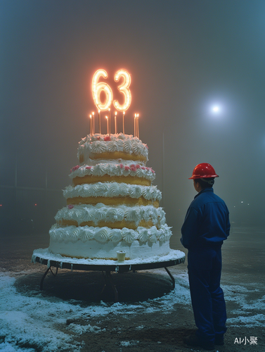 Foggy Night Encounter with Giant Cake and Asian Worker in Artistic Scene