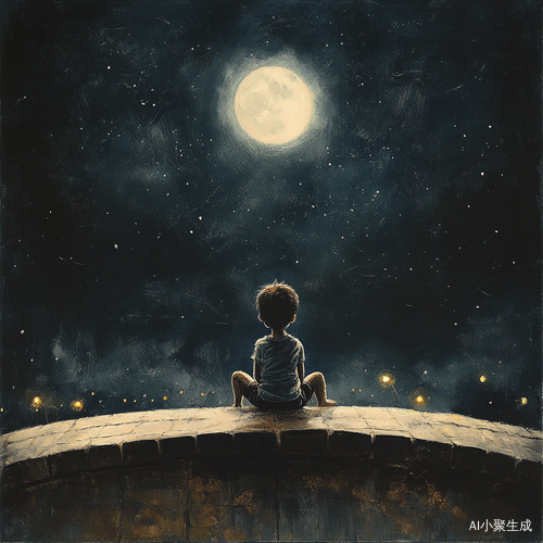 孤独小男孩在漆黑夜晚仰望月亮